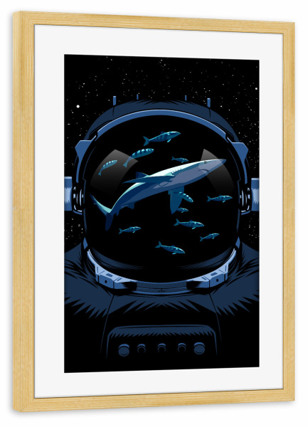 Poster mit Rahmen kiefer "Astronaut Sharks" artboxONE - Tiere,Galaxy - Space,Astronaut,Sharks,Shark,Ocean,Universe,Cosmos,Stars,Hai,Tier,Animal,Comic