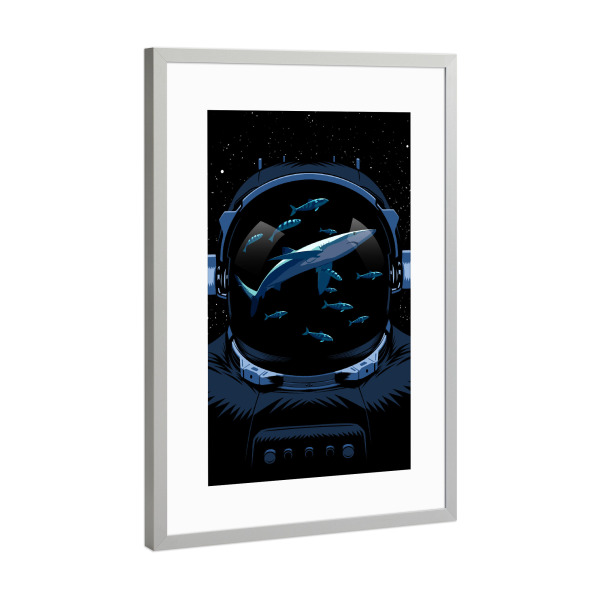 Poster mit Rahmen Silber "Astronaut Sharks" artboxONE - Tiere,Galaxy - Space,Astronaut,Sharks,Shark,Ocean,Universe,Cosmos,Stars,Hai,Tier,Animal,Comic