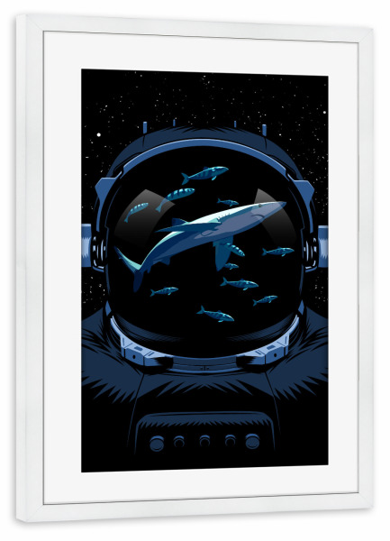 Poster mit Rahmen weiß "Astronaut Sharks" artboxONE - Tiere,Galaxy - Space,Astronaut,Sharks,Shark,Ocean,Universe,Cosmos,Stars,Hai,Tier,Animal,Comic