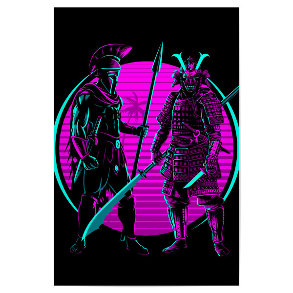 Poster "Retro Spartan vs Samurai" artboxONE - Tiere,Menschen,Männer - Spartan,Japan,Retro,Samurai,Warrior,Krieger,Comic,Lila,Kämpfer,Fighter