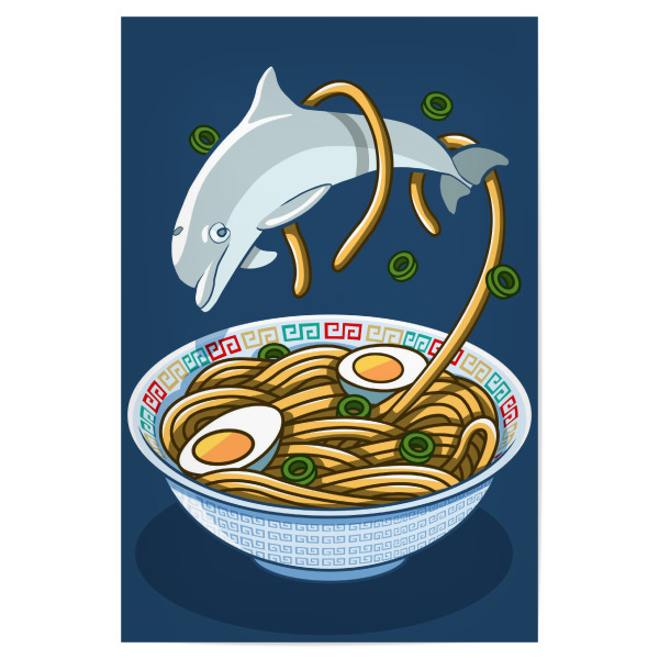 Poster 30x20 cm "Ramen dolphin" artboxONE - Tiere - Dolphin,Ramen,Noodles,Egg,Restaurant,Delhin,Tier,Animal,Water,Wasser,Nudeln,Nudles,Ei,Suppe,Soup