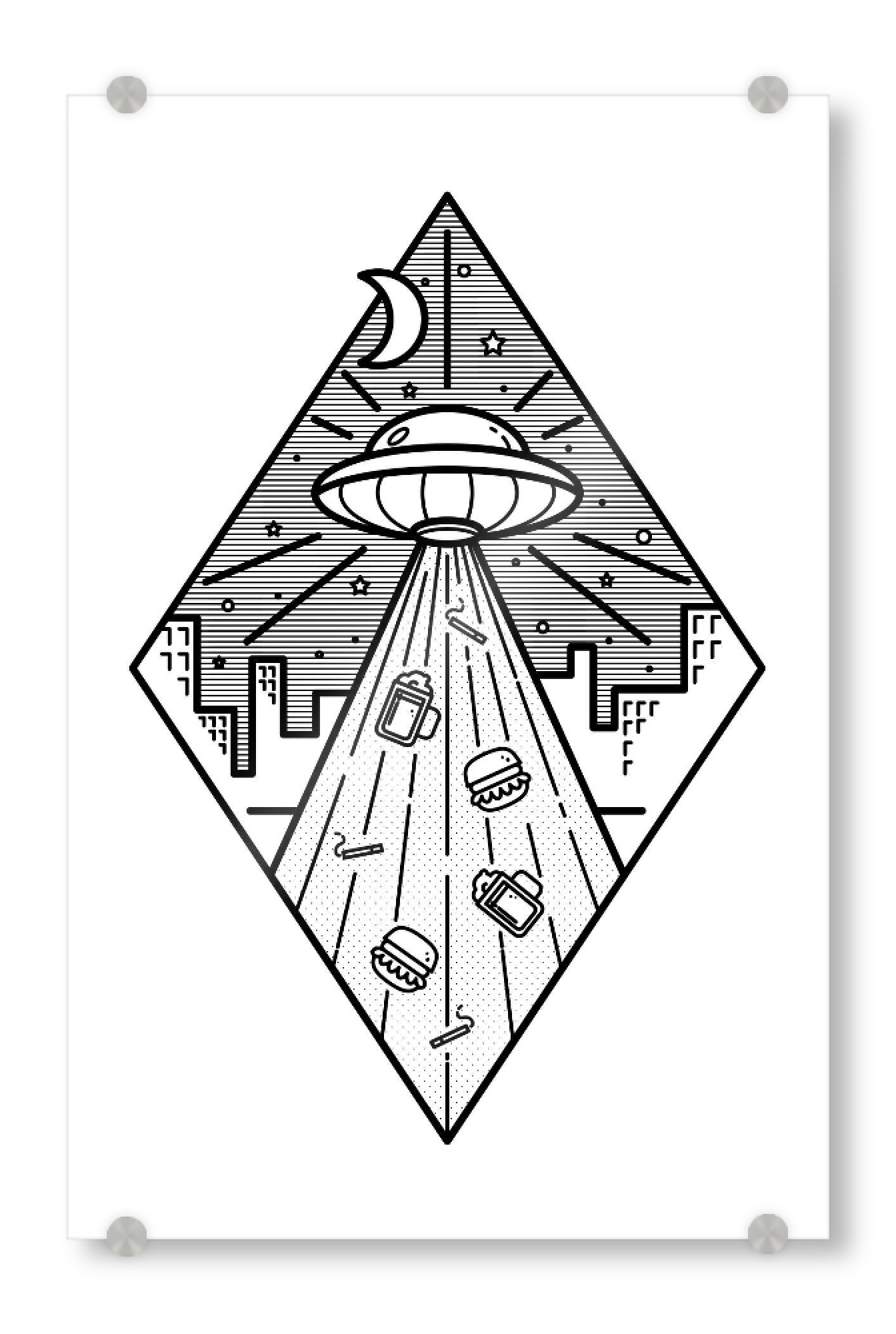 Acrylglasbild "In UFO glauben wir" artboxONE - Comic,Schwarzweiß,Männer,Essen & Trinken / Alkohol,Lustig