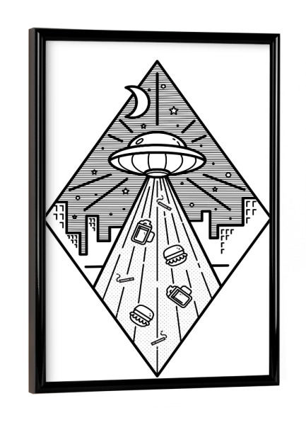 Poster mit schwarzem Rahmen "In UFO glauben wir" artboxONE - Comic,Schwarzweiß,Männer,Essen & Trinken / Alkohol,Lustig