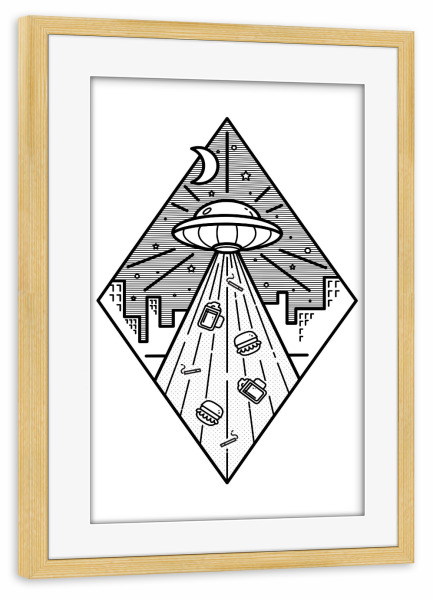 Poster mit Rahmen kiefer "In UFO glauben wir" artboxONE - Comic,Schwarzweiß,Männer,Essen & Trinken / Alkohol,Lustig