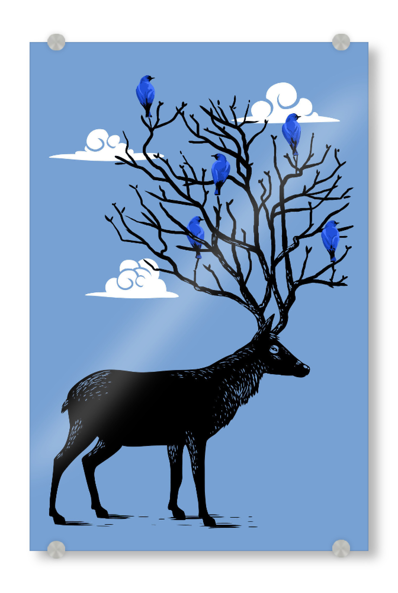 Acrylglasbild "Deer blue birds" artboxONE - Tiere - Deer,Tree,Nature,Bird,Tier,Animal,Hirsch,Vögel,Birds,Wolken,Sky,Himmel,Clouds
