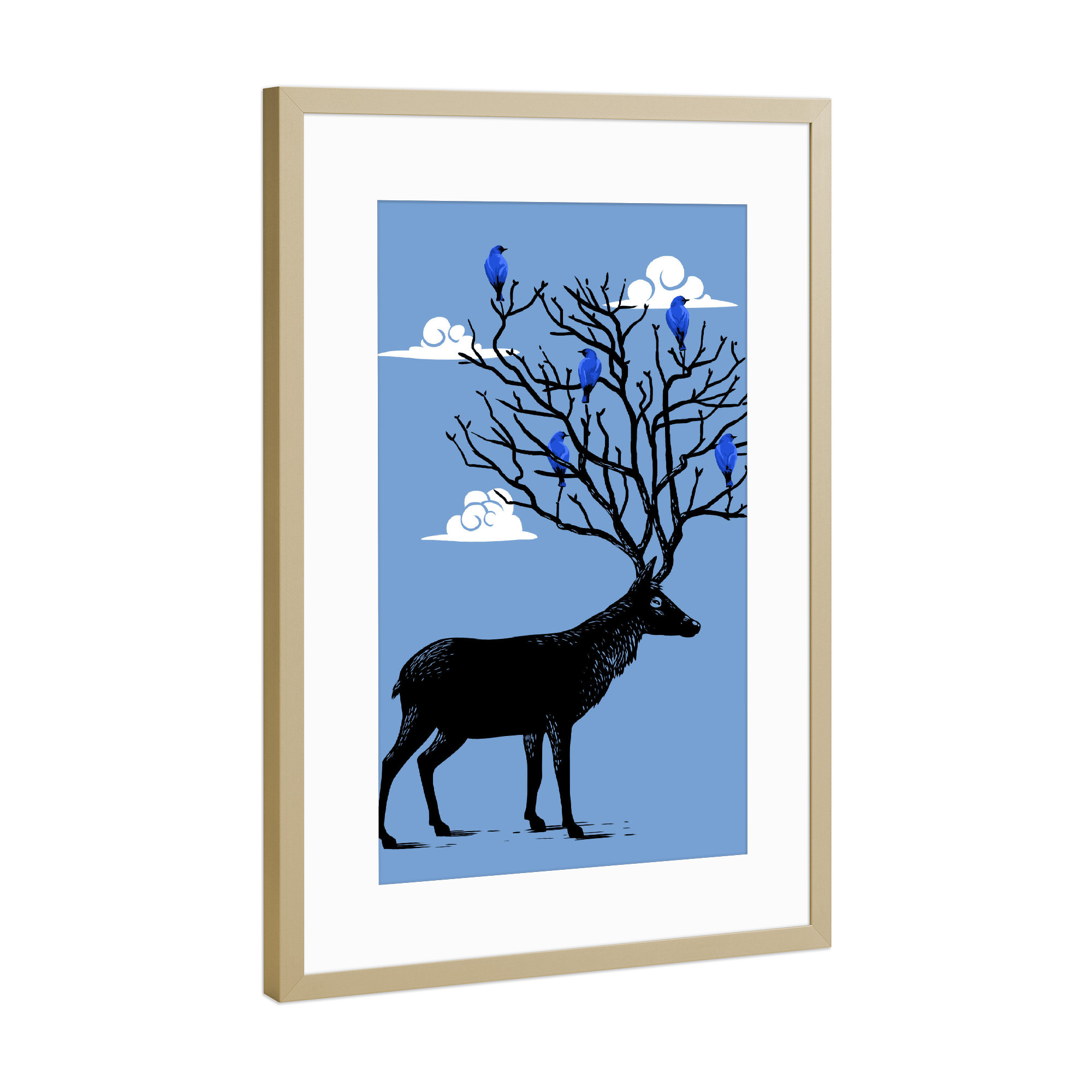 Poster mit Rahmen Gold "Deer blue birds" artboxONE - Tiere - Deer,Tree,Nature,Bird,Tier,Animal,Hirsch,Vögel,Birds,Wolken,Sky,Himmel,Clouds