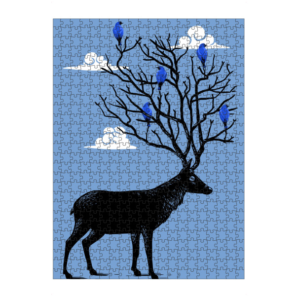 Puzzle Ravensburger "Deer blue birds" artboxONE - Tiere - Deer,Tree,Nature,Bird,Tier,Animal,Hirsch,Vögel,Birds,Wolken,Sky,Himmel,Clouds - Bild deer