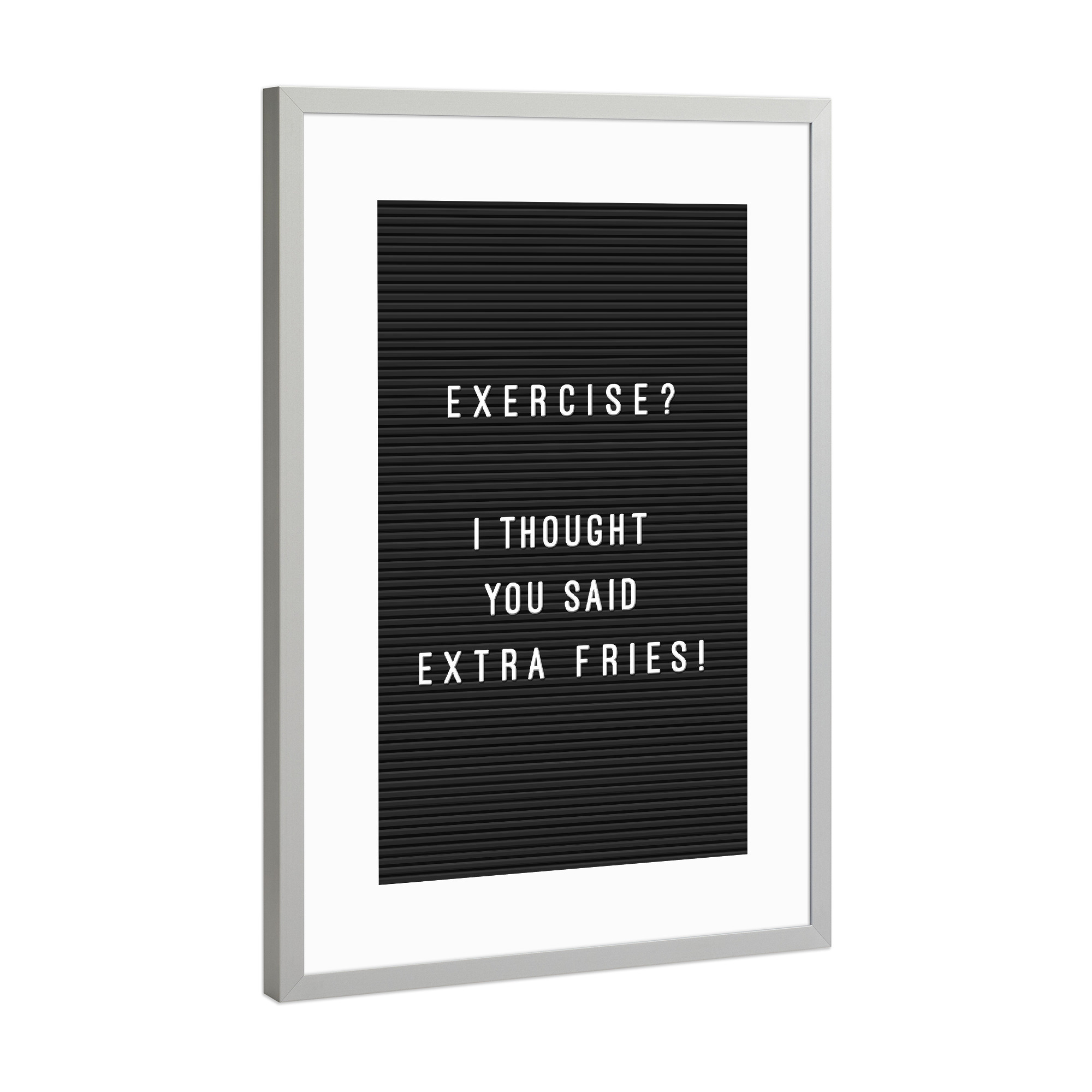 Poster mit Rahmen Silber "Letterboard Extra Fries" artboxONE - Typografie,Essen & Trinken,Schwarzweiß,Buchstaben,Lustig