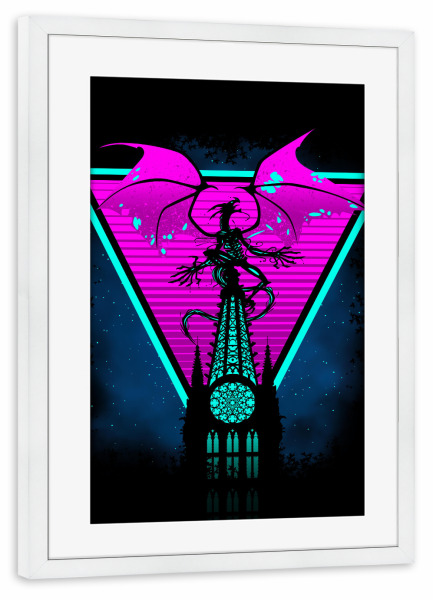 Poster mit Rahmen weiß "Reto Dragon cathedral" artboxONE - Comic,Fiktion - Dragon,Cathedral,Retro,Kirche,Turm,Burg,Drache,Fabelwesen,Tier,Animal,Comic