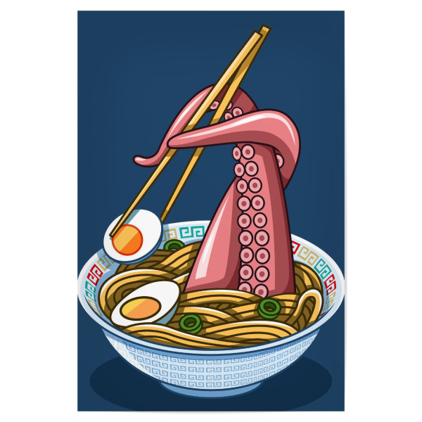 Poster "Ramen Octopus" artboxONE - Essen & Trinken,Comic - Ramen,Noodles,Octopus,Egg,Restaurant,Nudeln,Oktopus,Ei,Comic,Funny,Lustig,Food,Essen