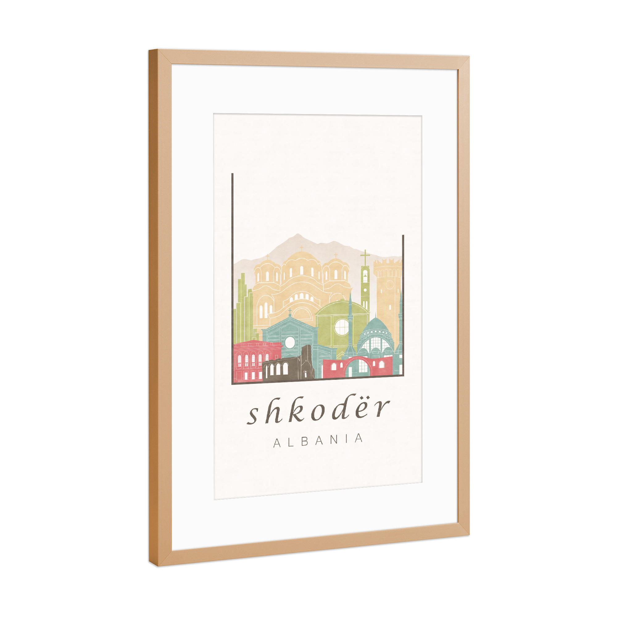 Poster mit Rahmen Kupfer "Shkoder skyline pastel" artboxONE - Städte,Reise,Architektur,Kartografie