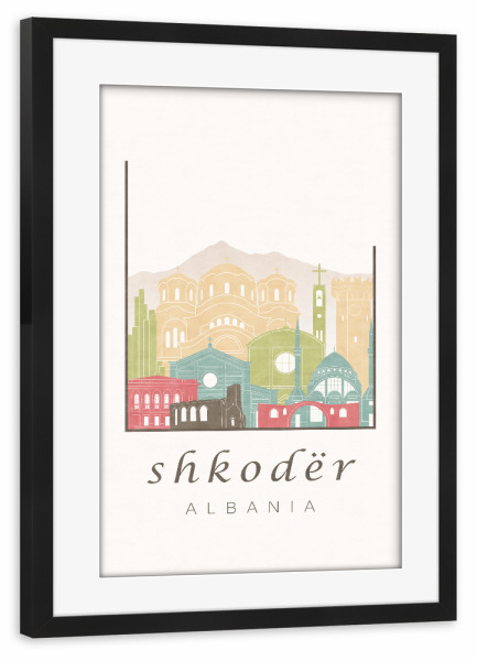 Poster mit Rahmen schwarz "Shkoder skyline pastel" artboxONE - Städte,Reise,Architektur,Kartografie