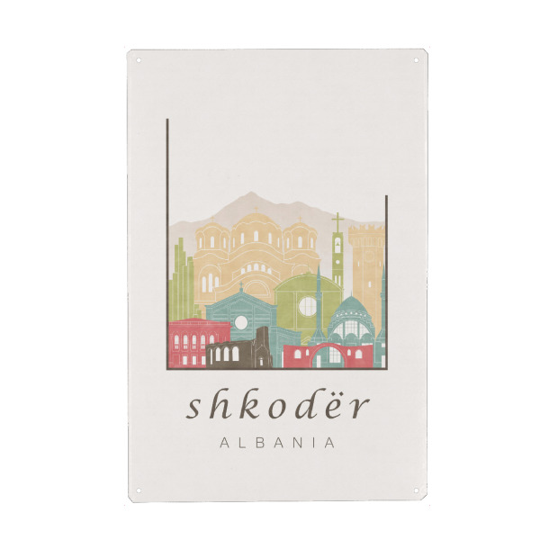 Holzbild "Shkoder skyline pastel" artboxONE - Städte,Reise,Architektur,Kartografie