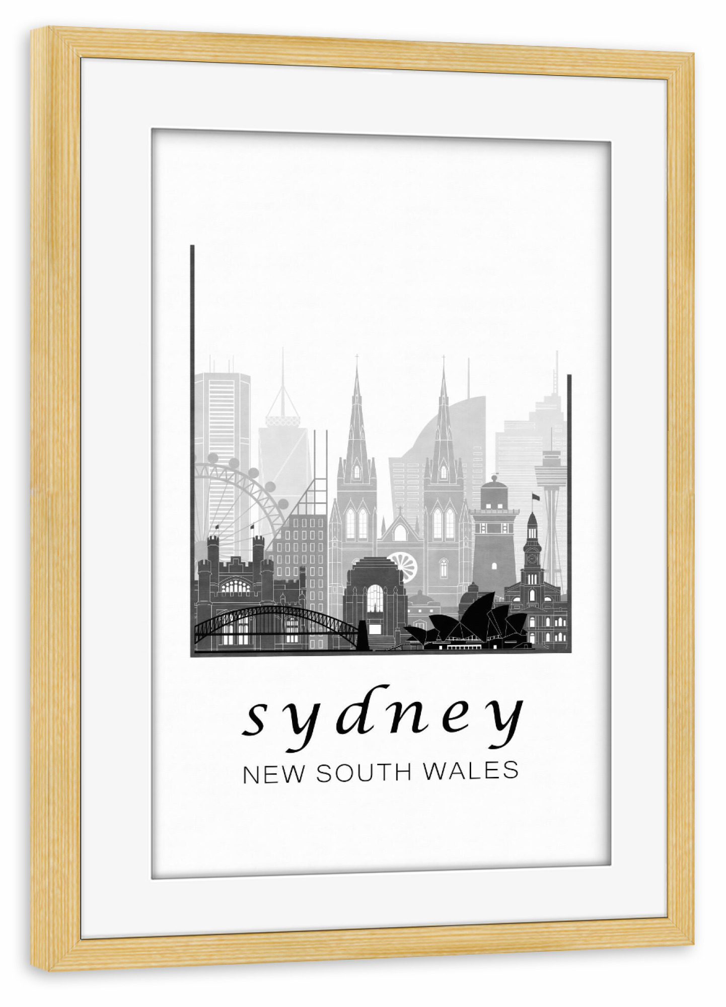 Poster mit Rahmen kiefer "Sydney skyline black & white" artboxONE - Städte,Reise,Architektur,Städte / Sydney,Kartografie