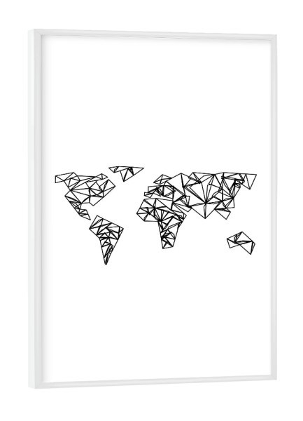 Poster mit weißem Rahmen "Geometrische Weltkarte" artboxONE - Reise,Schwarzweiß,Geometrie,Kartografie