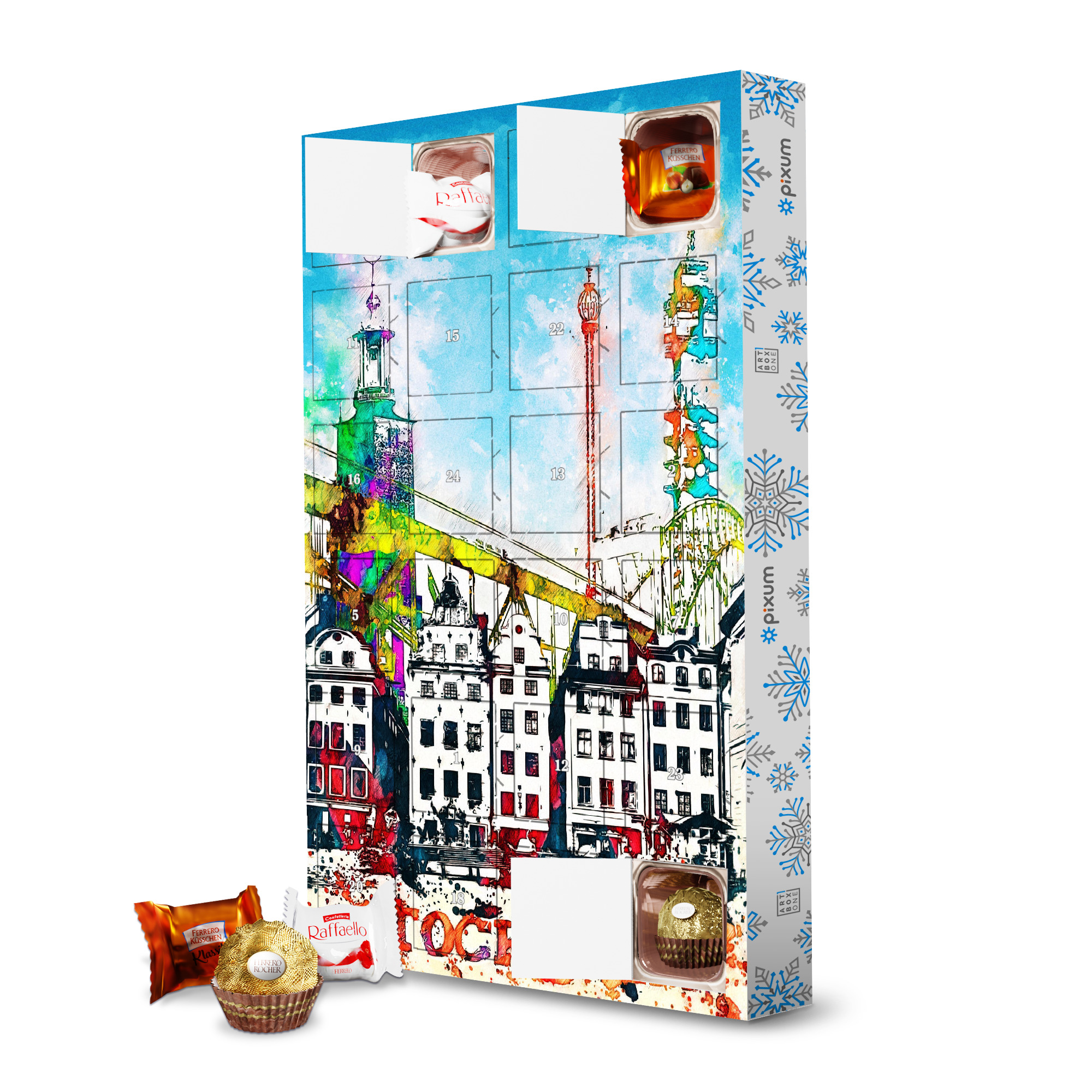 Adventskalender mit Ferrero Pralinen Stockholm Collage in bunt artboxONE Adventskalender Städte