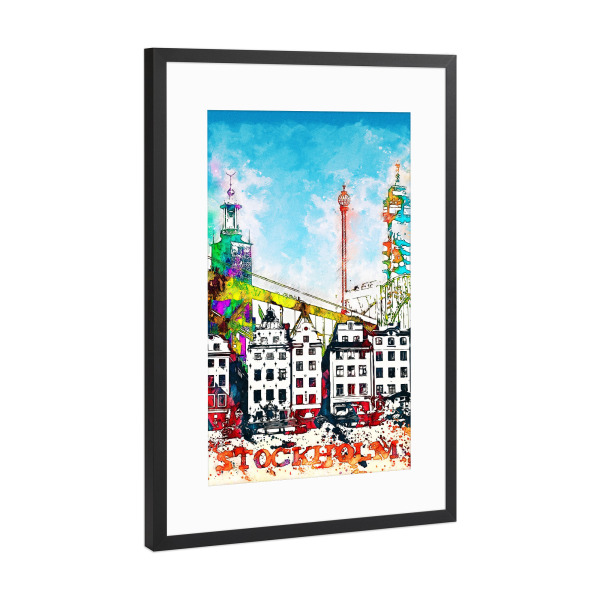 Poster mit Rahmen Schwarz (Metallic) "Stockholm Collage in bunt" artboxONE - Städte,Architektur,Städte / Stockholm