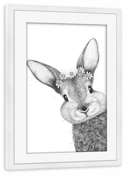 Poster mit Rahmen weiß "Rabbit with chamomiles" artboxONE - Natur,Floral,Tiere,Lustig