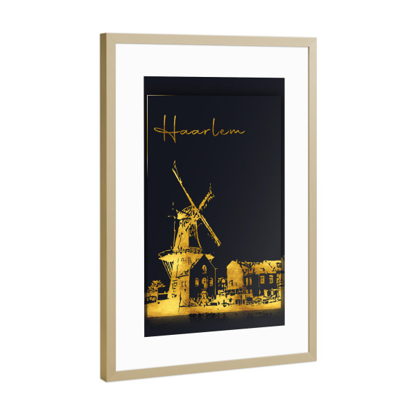 Poster mit Rahmen Gold "Haarlem in Gold Windmühle" artboxONE - Städte,Architektur