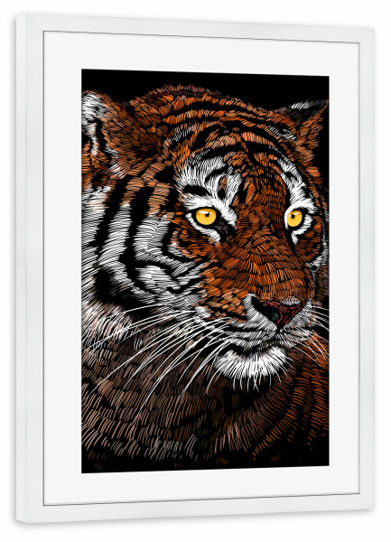 Poster mit Rahmen weiß "Realistic tiger" artboxONE - Tiere - Realistic,Tiger,Feline,Predator,Cat,Jungle,Tier,Animal,Katze,Portrait