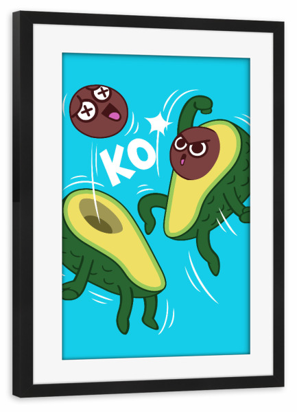 Poster mit Rahmen schwarz "Avocado KO" artboxONE - Essen & Trinken,Comic - Avocado,Fruit,Ko,Kawaii,Cute,Lustig,Funny,Comic,Food,Essen,Kampf,Fight