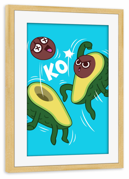 Poster mit Rahmen kiefer "Avocado KO" artboxONE - Essen & Trinken,Comic - Avocado,Fruit,Ko,Kawaii,Cute,Lustig,Funny,Comic,Food,Essen,Kampf,Fight