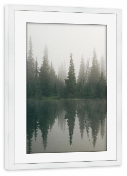Poster mit Rahmen weiß "Dense fog at a small lake" artboxONE - Natur,Reise / Länder