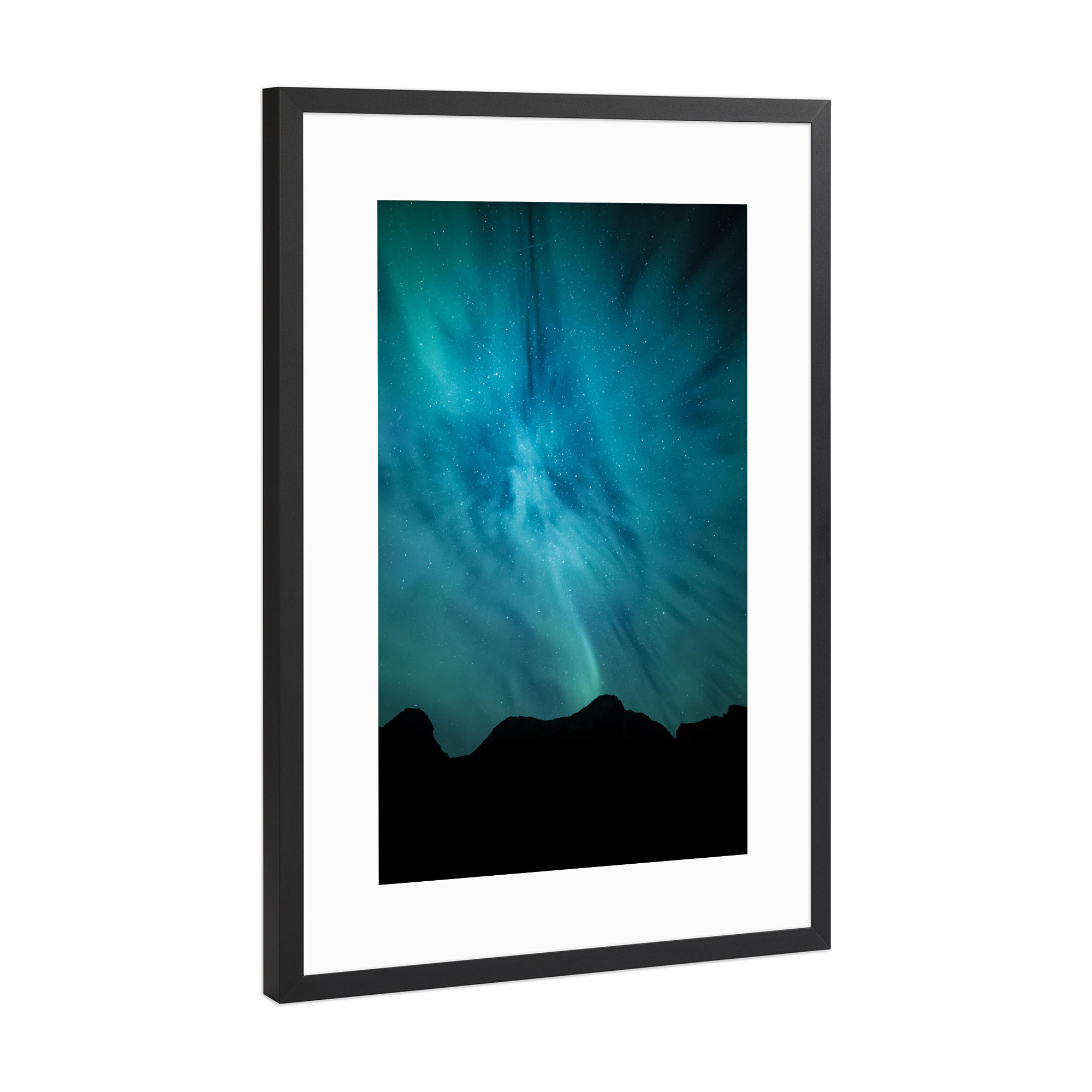 Poster mit Rahmen Schwarz (Metallic) "Nordlichtsilhouette" artboxONE - Natur