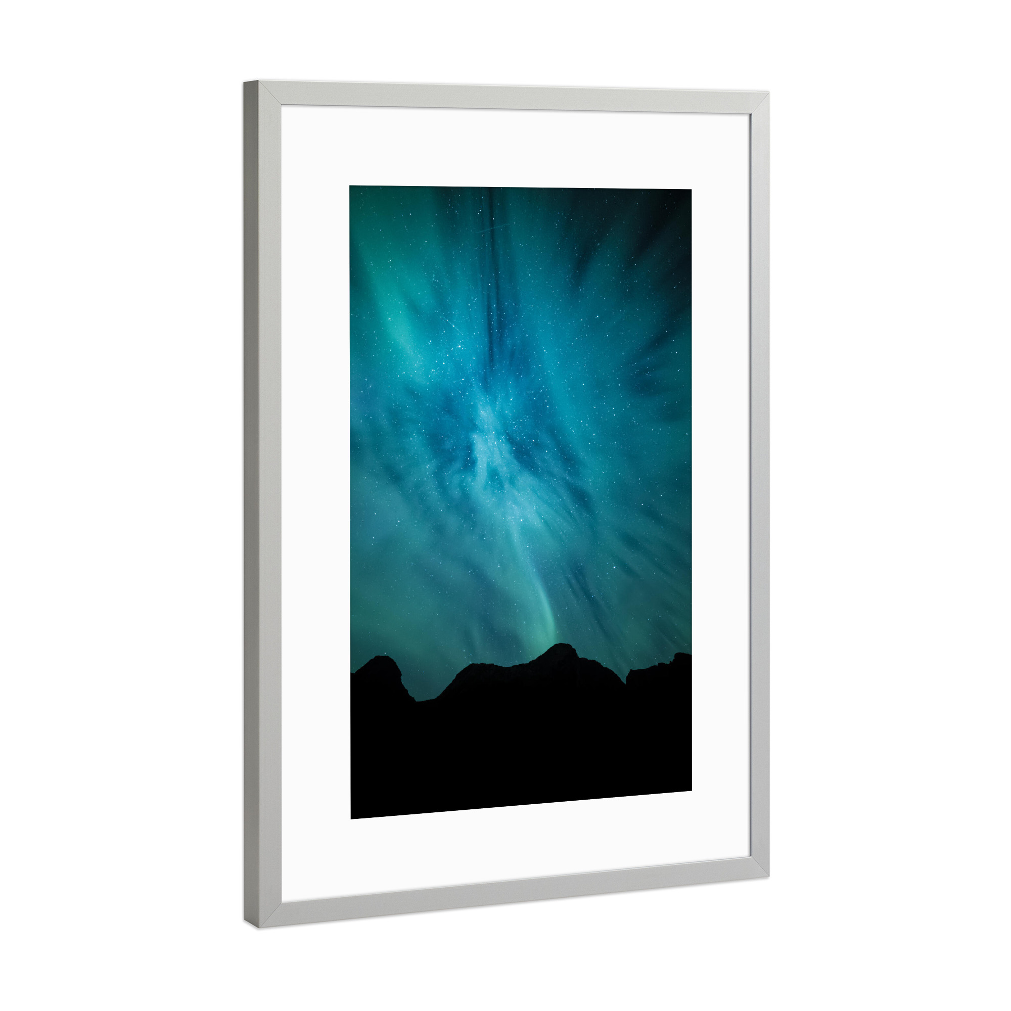 Poster mit Rahmen Silber "Nordlichtsilhouette" artboxONE - Natur