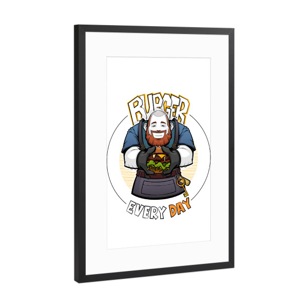 Poster mit Rahmen Schwarz (Metallic) "Burger jeden Tag!" artboxONE - Comic,Menschen,Männer,Essen & Trinken / Alkohol,Lustig