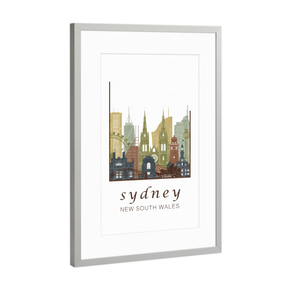Poster mit Rahmen Silber "Sydney skyline light brown" artboxONE - Städte,Reise,Architektur,Städte / Sydney,Kartografie