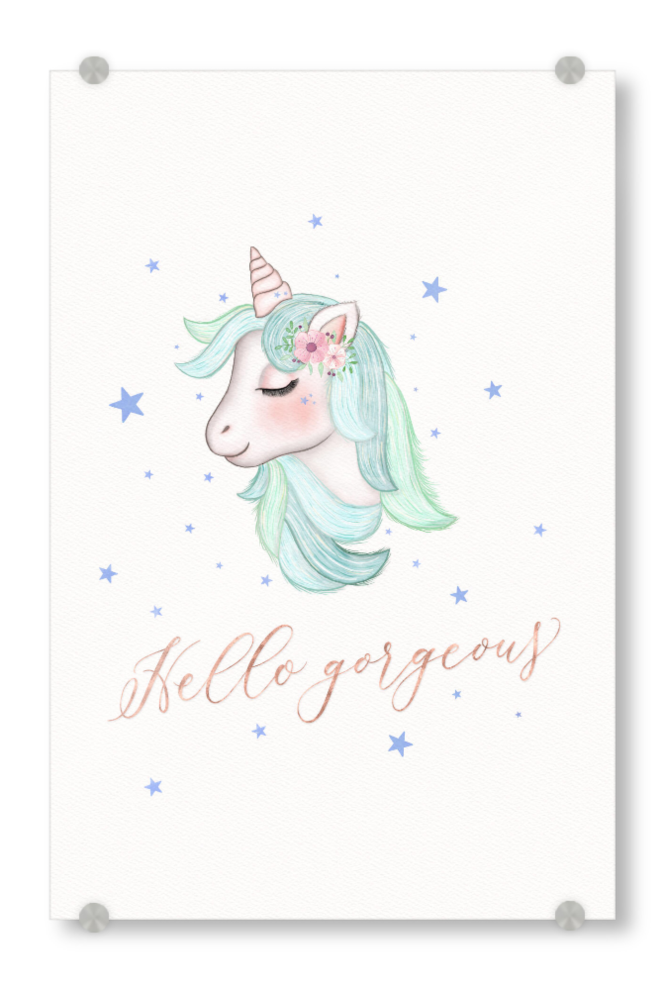 Acrylglasbild "Einhorn: Hello gorgeous" artboxONE - Typografie,Für Kinder,Tiere,Lustig
