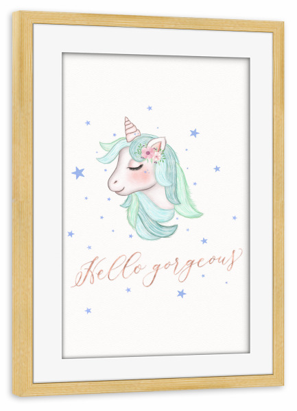 Poster mit Rahmen kiefer "Einhorn: Hello gorgeous" artboxONE - Typografie,Für Kinder,Tiere,Lustig