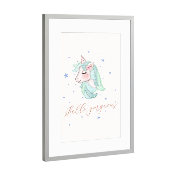 Poster mit Rahmen Silber "Einhorn: Hello gorgeous" artboxONE - Typografie,Für Kinder,Tiere,Lustig