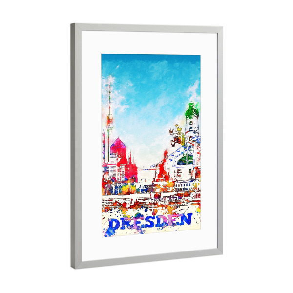 Poster mit Rahmen Silber "Dresden als Collage in bunt" artboxONE - Städte,Architektur,Städte / Dresden