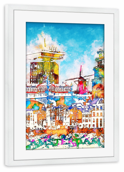 Poster mit Rahmen weiß "Amsterdam Collage bunt" artboxONE - Städte,Architektur,Städte / Amsterdam