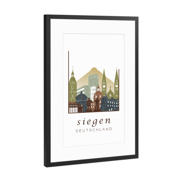 Poster mit Rahmen Schwarz (Metallic) "Siegen skyline light brown" artboxONE - Städte,Reise,Architektur,Kartografie