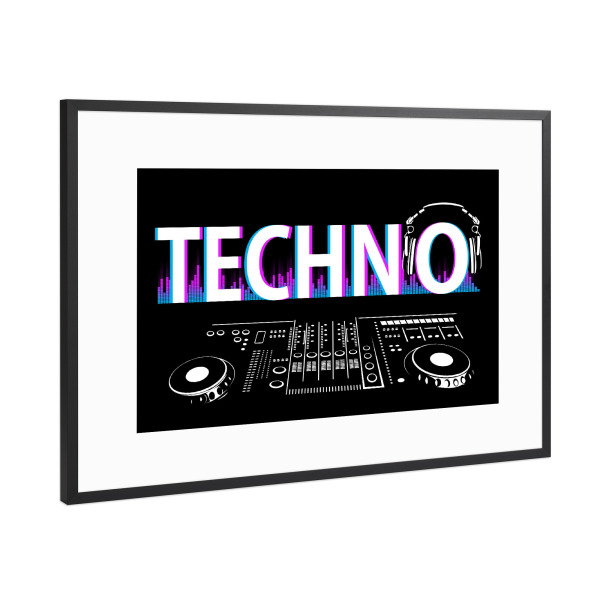 Poster mit Rahmen Schwarz (Metallic) "DJ Techno music" artboxONE - Typografie,Musik