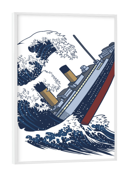 Poster mit weißem Rahmen "Tsunami Titanic" artboxONE - Natur,Comic - Titanic,Ship,Wave,Summer,Tsunami,Japan,Welle,Schiff,Sommer,Wellen,Waves,Comic