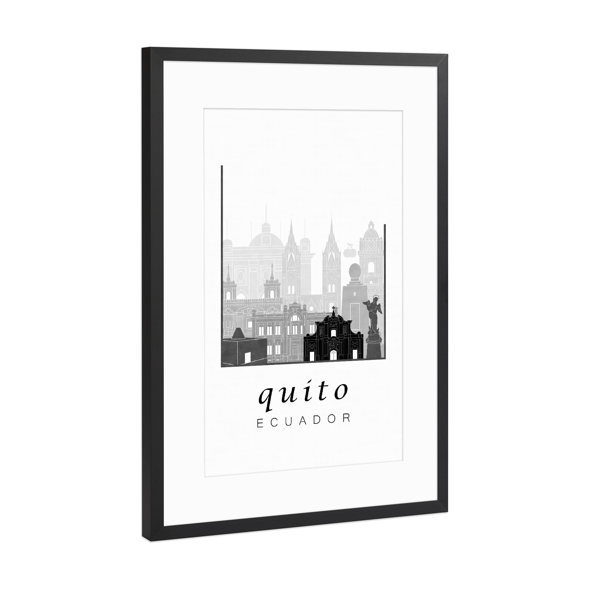 Poster mit Rahmen Schwarz (Metallic) "Quito skyline black and white" artboxONE - Städte,Reise,Schwarzweiß,Architektur,Kartografie