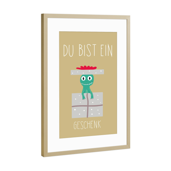 Poster mit Rahmen Gold "Du bist ein Geschenk Dinoposter" artboxONE - Für Kinder,Tiere