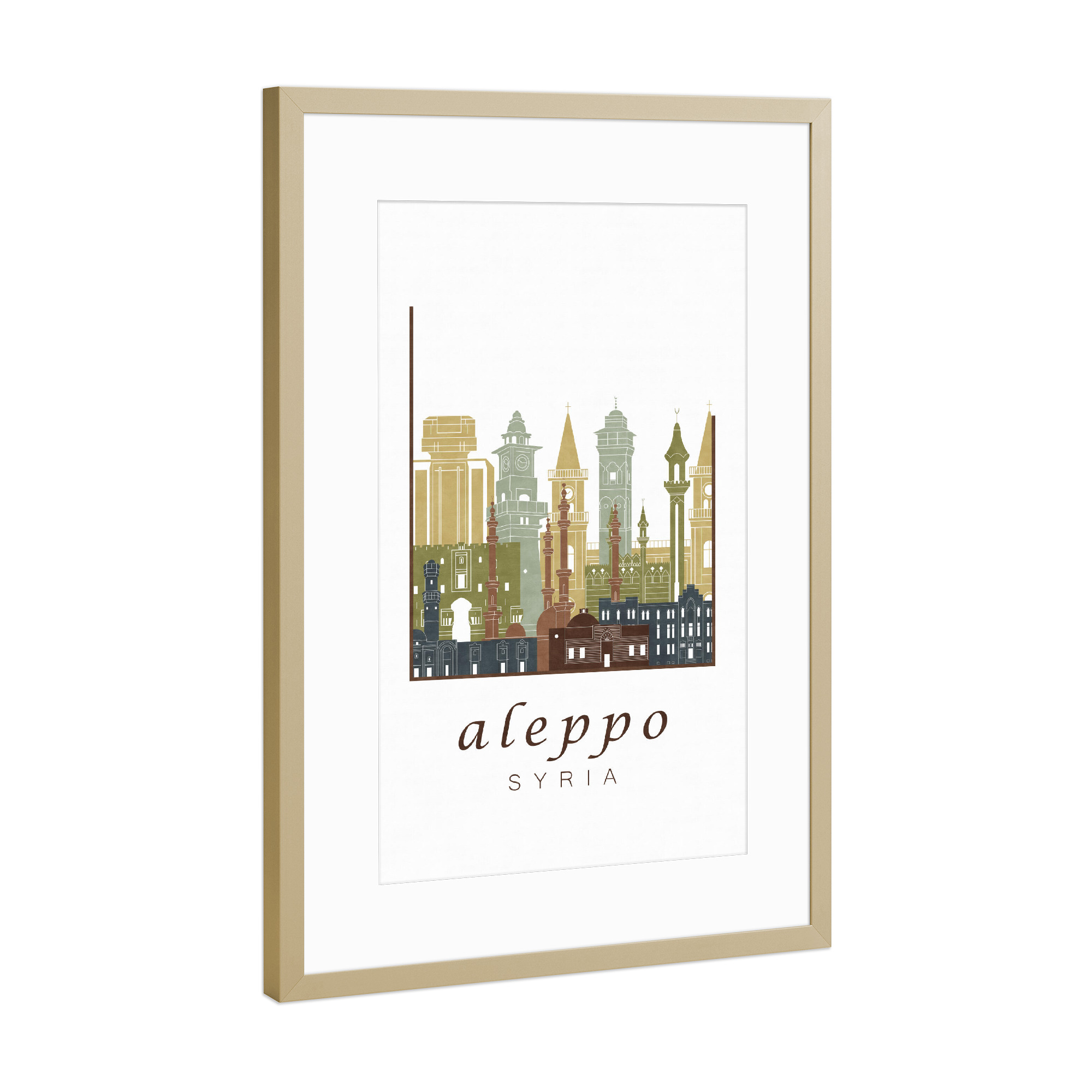 Poster mit Rahmen Gold "Aleppo skyline light brown" artboxONE - Städte,Reise,Architektur,Kartografie