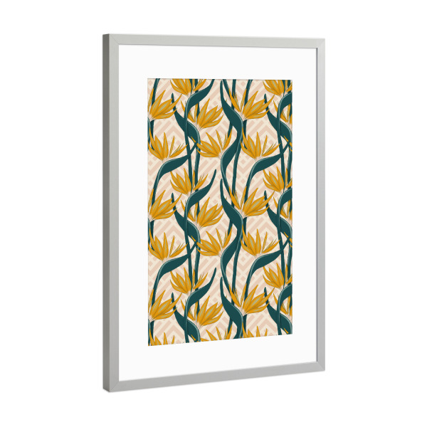 Poster mit Rahmen Silber "Intricate Botanical" artboxONE - Floral,Geometrie - Pattern,Bird of paradise,Flowers,Blumen,Natur,Nature,Vögel,Birds