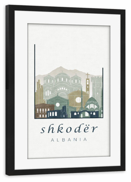 Poster mit Rahmen schwarz "Shkoder skyline light blue" artboxONE - Städte,Reise,Architektur,Kartografie