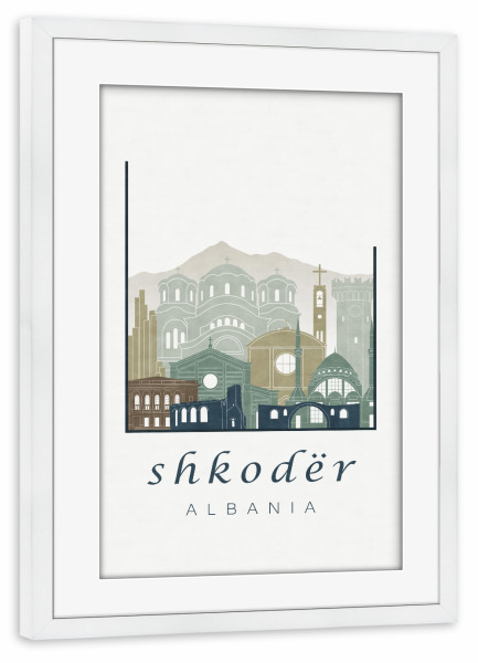 Poster mit Rahmen weiß "Shkoder skyline light blue" artboxONE - Städte,Reise,Architektur,Kartografie