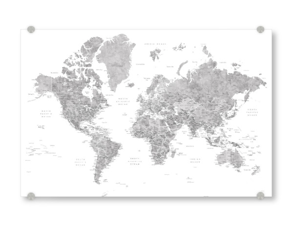 Acrylglasbild "Detailed gray watercolor world map" artboxONE - Reise,Kartografie