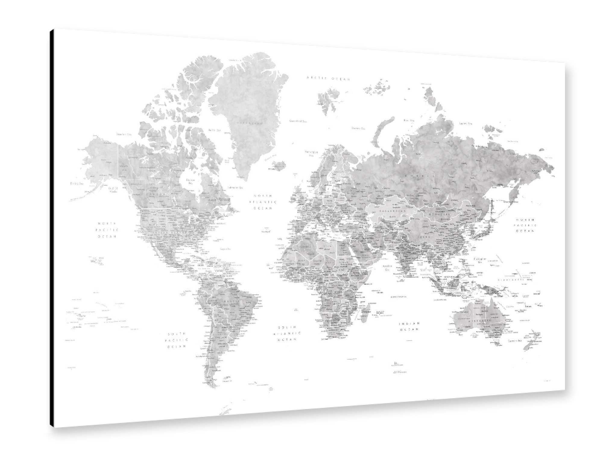 Alu-Dibond "Detailed gray watercolor world map" 75x50 cm artboxONE