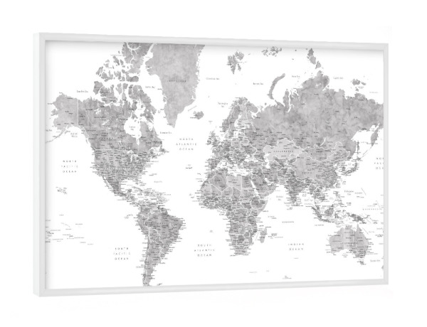 Poster mit weißem Rahmen "Detailed gray watercolor world map" artboxONE - Reise,Kartografie