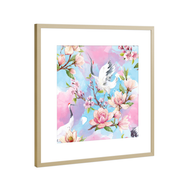 Poster mit Rahmen Gold "Cranes with flowers" artboxONE - Natur,Floral,Tiere