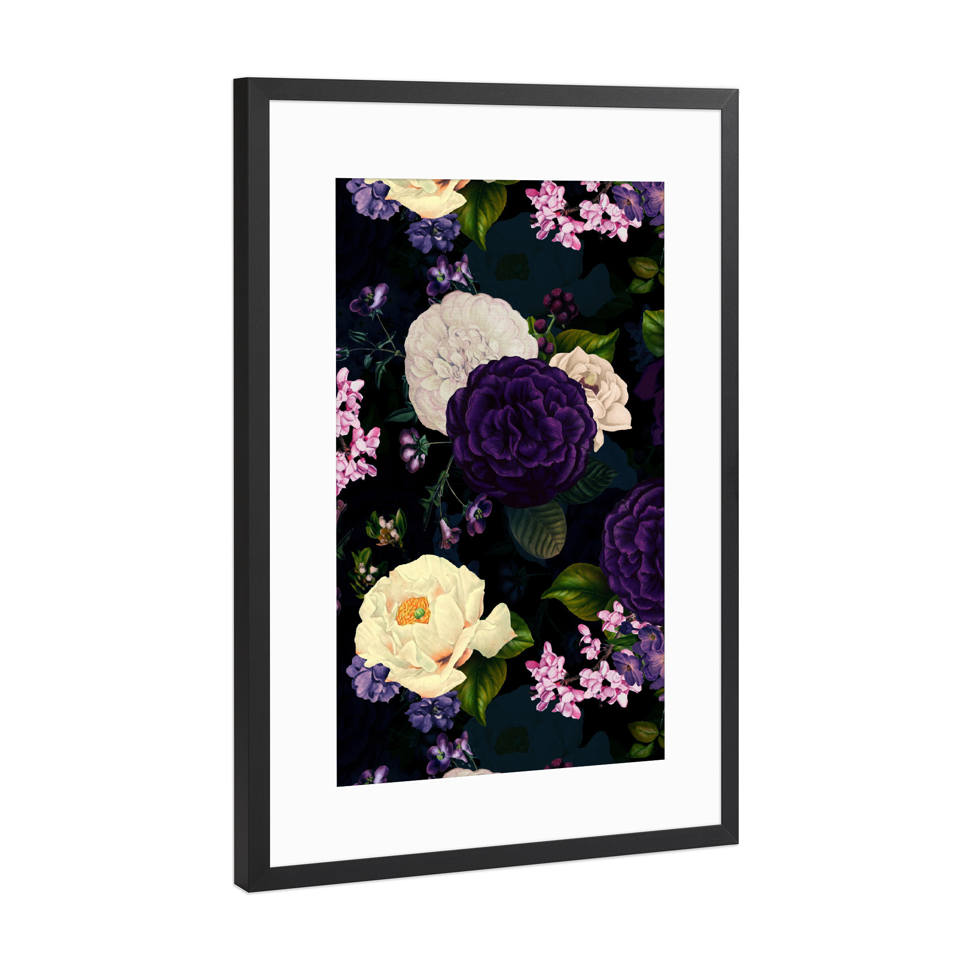 Poster mit Rahmen Schwarz (Metallic) "Purple Rose Night Garden" artboxONE - Natur,Floral